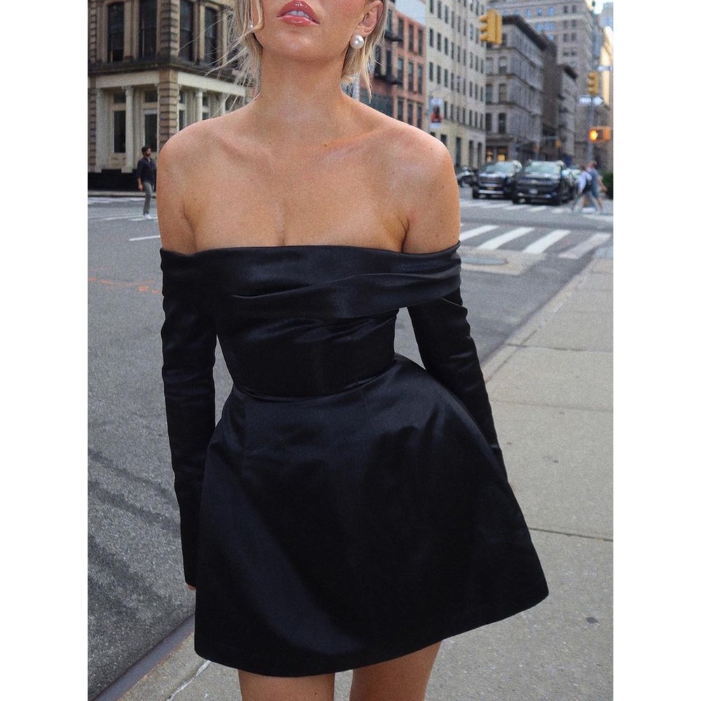 Commense NWT Black Off The Shoulder Draped Satin Mini Dress Long Sleeve Cocktail